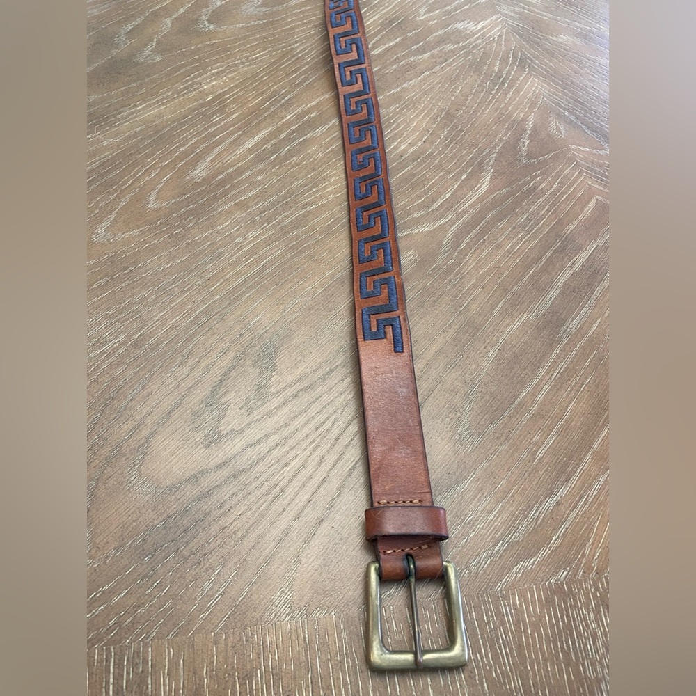 Brown Leather Belt with Navy Greek Key Design